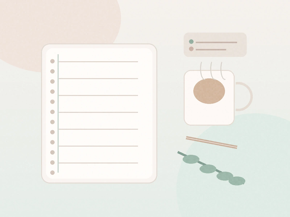 Cuaderno, taza y elementos de bienestar emocional